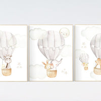 Nursery decor neutral, hot air balloon, woodland animals, gender neutral, baby room decor, elephant, bunny, giraffe, nursery prints
