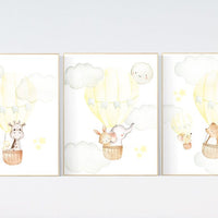 Nursery decor girl yellow, yellow nursery print, nursery wall art animals, hot air balloon nursery art, elephant, giraffe, bear, bunny print