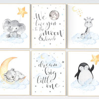 Nursery wall art elephant, nursery decor hot air balloons, cloud nursery decor, Nursery decor neutral, moon and stars nursery gender neutral