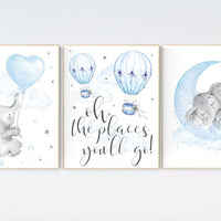 Nursery decor elephant, Nursery decor boy hot air balloon, oh the places you'll go, hot air balloon nursery, blue and gray nursery, elephant