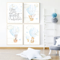 Nursery decor boy woodland animals, you are our greatest adventure hot air balloon, elephant, giraffe, bear, bunny, boy nursery, baby blue