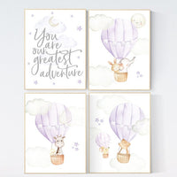 Purple nursery, lilac nursery, hot air balloon nursery, you are our greatest adventure, animal nursery, girl nursery wall, lavender nursery