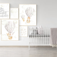 Nursery decor neutral, you are our greatest adventure hot air balloon, gender neutral, elephant, giraffe, bear, bunny, beige grey gray