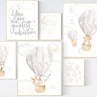 Nursery decor neutral, you are our greatest adventure hot air balloon, gender neutral, elephant, giraffe, bear, bunny, beige grey gray