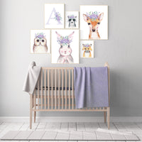 Woodland animals nursery, lilac nursery, woodland nursery decor girl, animal prints for nursery girl, bunny print for girls nursery woodland