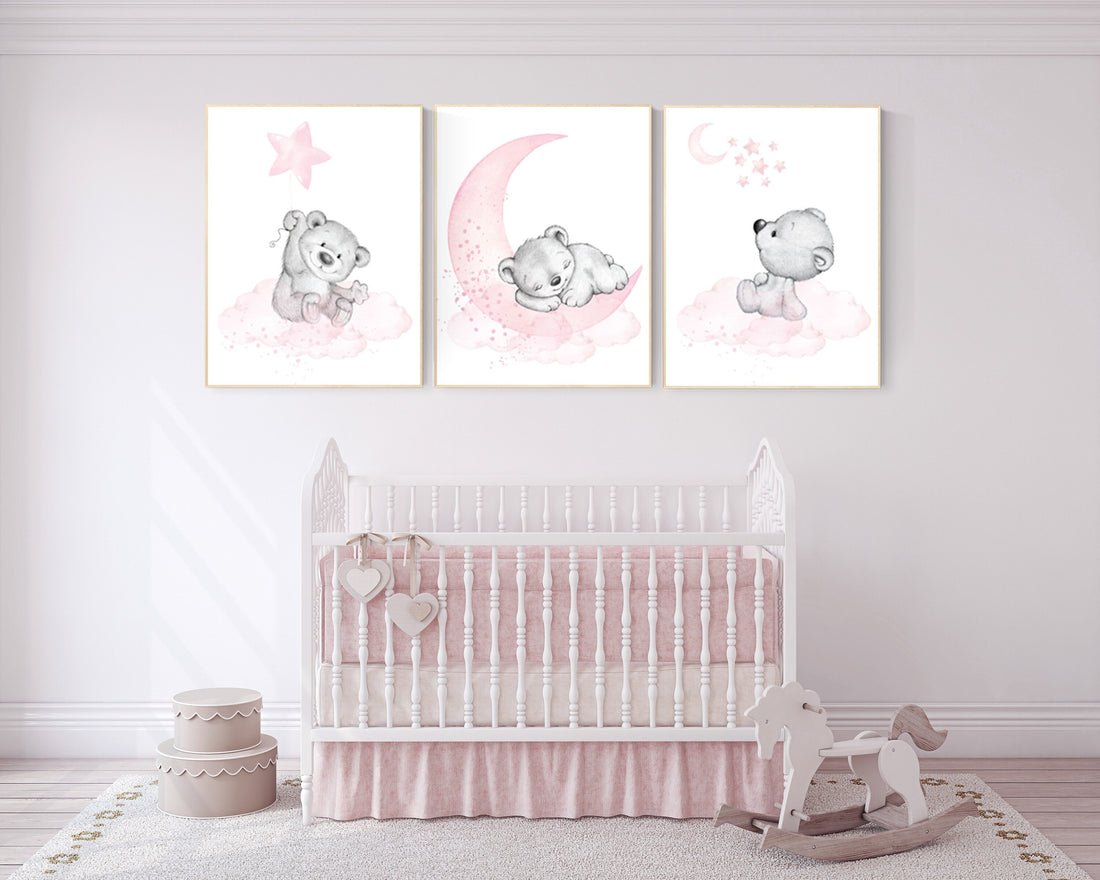Nursery decor bear, bear nursery print,  teddy bear, pink grey nursery, nursery wall art animals, girl room decor, baby girl nursery decor