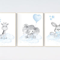 Nursery decor elephant and giraffe, animal nursery prints, blue grey nursery, blue nursery, baby room wall art, woodland animal prints