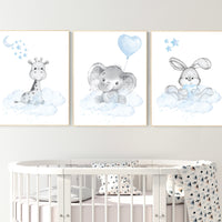 Nursery decor elephant and giraffe, animal nursery prints, blue grey nursery, blue nursery, baby room wall art, woodland animal prints