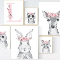 Animal nursery, woodland nursery decor girl, animal prints for nursery girl, pink grey, nursery decor girl boho, bunny, fox, deer, owl, gray