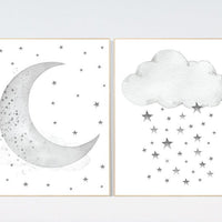 Grey nursery decor, gray nursery decor, moon and cloud nursery decor, grey, moon and stars nursery, gender neutral nursery wall art