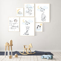 Gender neutral nursery decor, blue yellow, giraffe, elephant, bear, penguin, animal nursery print set, nursery wall art, twin nursery decor
