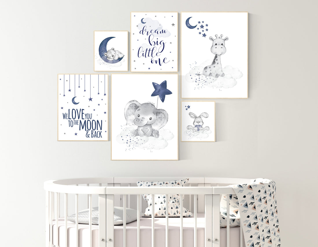 Nursery decor boy elephant, giraffe, boy nursery decor, moon and stars, navy nursery, boy nursery wall art, we love you to the moon and back