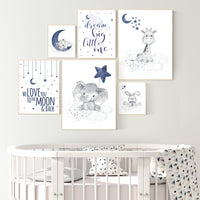 Nursery decor boy elephant, giraffe, boy nursery decor, moon and stars, navy nursery, boy nursery wall art, we love you to the moon and back