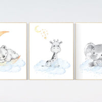 Animal nursery, gender neutral, blue yellow, moon and stars, elephant and giraffe nursery, bear, teddy bear, nursery decor twins, woodland