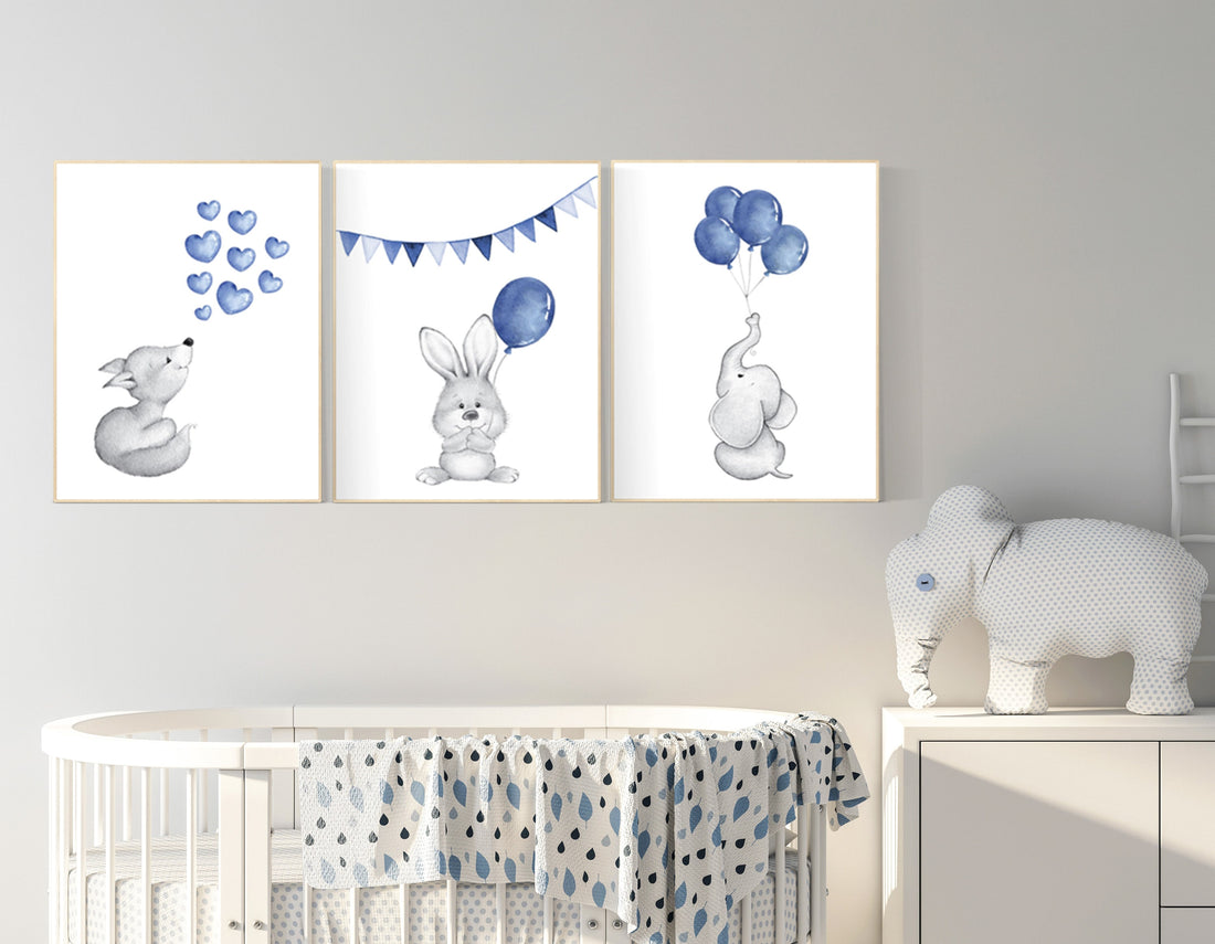 Navy nursery art, navy blue, Nursery decor boy, elephant, bunny, hippo, Baby Animal Nursery Art, Woodland animals, Nursery Prints, baby boy