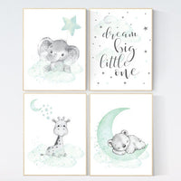 Mint nursery decor, nursery decor elephant, giraffe, bear, nursery wall art gender neutral, nursery decor twins, mint green nursery prints
