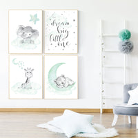 Mint nursery decor, nursery decor elephant, giraffe, bear, nursery wall art gender neutral, nursery decor twins, mint green nursery prints