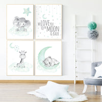 Nursery decor elephant, giraffe, bear, nursery wall art gender neutral, Mint nursery decor, nursery decor twins, mint green nursery prints