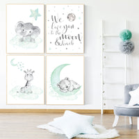 Elephant, giraffe, bear, nursery wall art gender neutral, Mint nursery decor, nursery decor twins, unisex, we love you to the moon and back