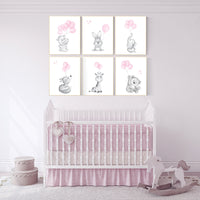 Nursery decor animals, animal balloon print,  nursery decor girl, elephant, bunny, giraffe, fox, nursery wall art girl, pink and gray