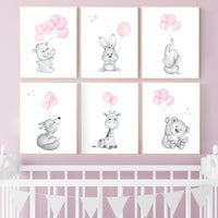 Nursery prints animals with balloons, animal balloon print, nursery decor girl, elephant, bunny, giraffe, nursery wall art girl, pink gray