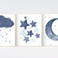Navy mint nursery decor, cloud and stars, moon and stars, navy teal nursery art. baby room wall art, boy nursery decor, set of 3, navy aqua
