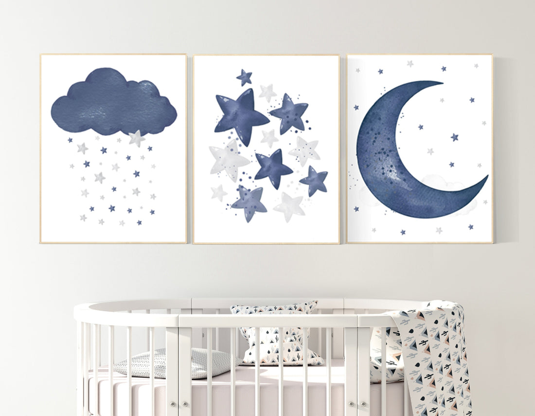 Navy nursery decor boy, navy blue nursery art. baby room wall art, boy nursery decor, set of 3, navy gray, cloud and stars, moon and stars