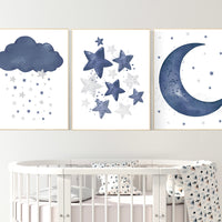 Navy nursery decor boy, navy blue nursery art. baby room wall art, boy nursery decor, set of 3, navy gray, cloud and stars, moon and stars