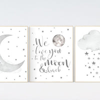 Nursery wall art grey, gray nursery, nursery decor neutral, baby room decor gender neutral, moon and stars, grey nursery decor baby room art