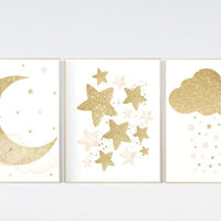 Nursery wall art gold, gold ivory nursery, nursery decor neutral, baby room decor girl, moon and stars, baby room decor, star nursery