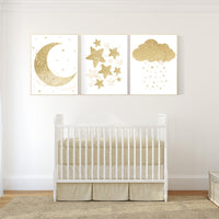 Nursery wall art gold, gold ivory nursery, nursery decor neutral, baby room decor girl, moon and stars, baby room decor, star nursery