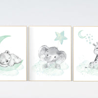 Nursery wall art animals, Nursery wall art mint and gray, baby room decor mint and gray, woodland, jungle, elephant, giraffe, bear, prints
