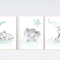 Nursery wall art mint and gray, nursery wall art animals, baby room decor mint and gray, woodland, jungle, elephant, giraffe, bear, prints