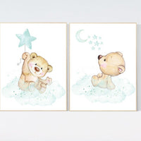 Nursery wall art bear, nursery decor animals, nursery decor woodland, nursery prints mint, teddy bear, mint green nursery