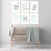 Nursery decor mint and grey, nursery wall art neutral, moon and stars, mint green, nursery elephant prints, nursery decor neutral, animals