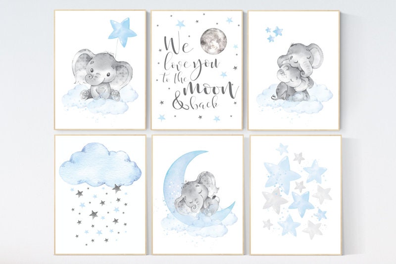 Nursery decor boy elephant, we love you to the moon and back, Blue and gray, moon and stars. nursery wall art boy elephant, baby blue, stars