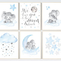 Nursery decor boy elephant, we love you to the moon and back, Blue and gray, moon and stars. nursery wall art boy elephant, baby blue, stars
