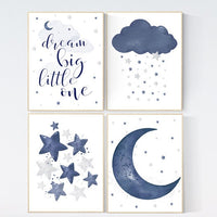 Nursery decor boy, navy nursery wall art boy, moon and stars, navy blue, dream big little one, navy nursery set, star nursery, baby room art