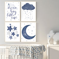 Nursery decor boy, navy nursery wall art boy, moon and stars, navy blue, dream big little one, navy nursery set, star nursery, baby room art