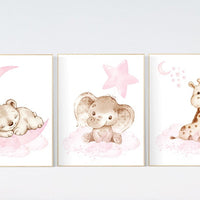 nursery decor girl pink, nursery decor girl woodland animals, nursery decor animals, teddy bear, elephant, giraffe, baby girl nursery prints