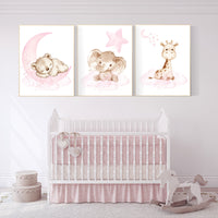 nursery decor girl pink, nursery decor girl woodland animals, nursery decor animals, teddy bear, elephant, giraffe, baby girl nursery prints