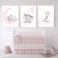 Animal nursery, nursery decor girl pink gray, nursery decor girl woodland animals, teddy bear, elephant, giraffe, baby girl nursery prints