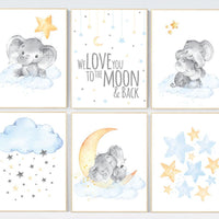 Nursery wall art elephant, nursery decor moon and stars, cloud nursery decor, gender neutral nursery print set, blue yellow, moon and back