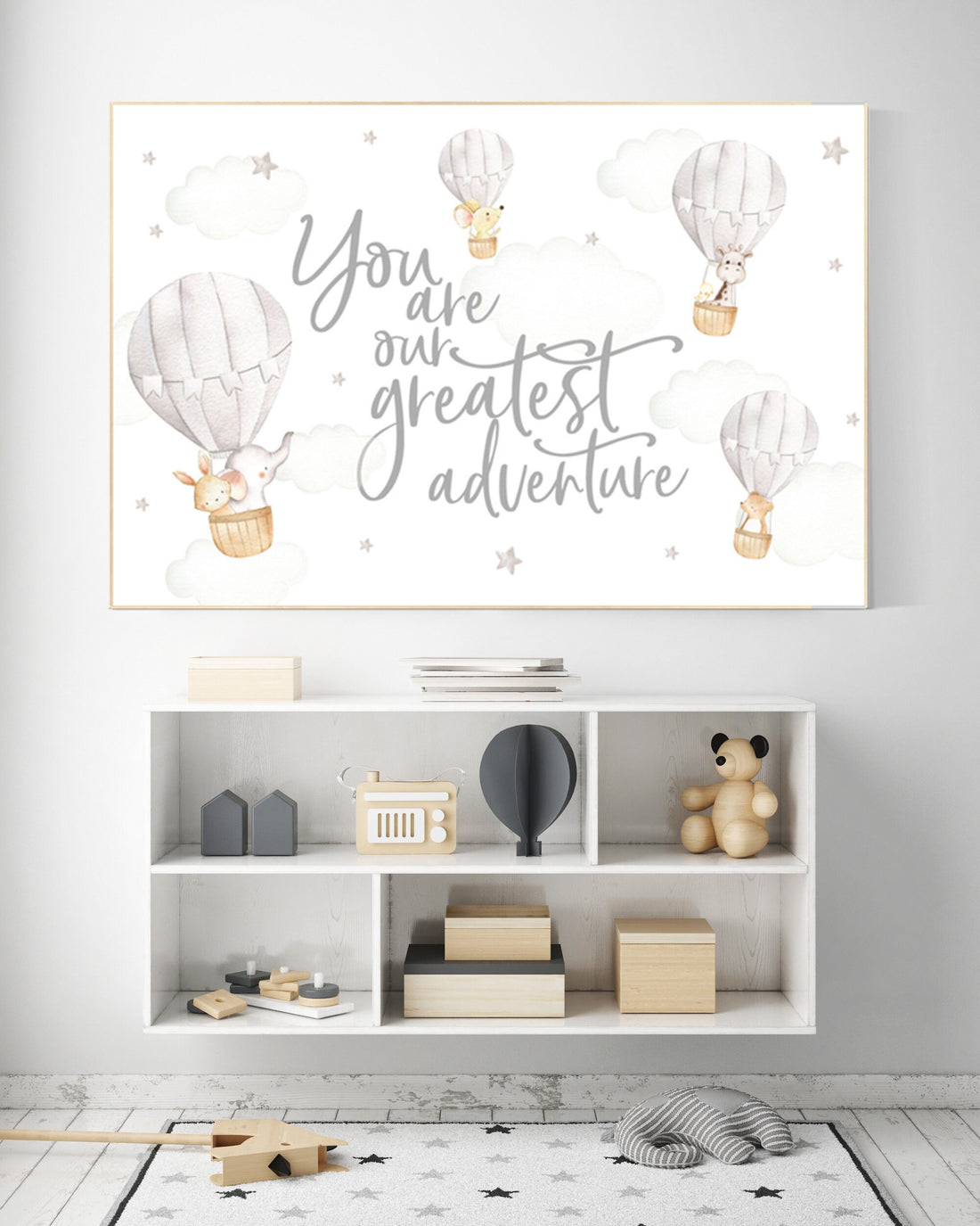 Hot air balloon nursery, Nursery decor neutral, you are our greatest adventure, gender neutral, animal nursery, woodland animals, gray, grey