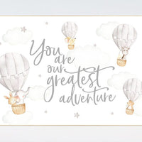 Nursery decor neutral, you are our greatest adventure hot air balloon, gender neutral, animal nursery, woodland animals, gray, grey, beige