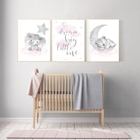 Animal nursery, nursery decor girl pink grey, nursery decor girl woodland animals, teddy bear, elephant, baby girl nursery prints, gray pink