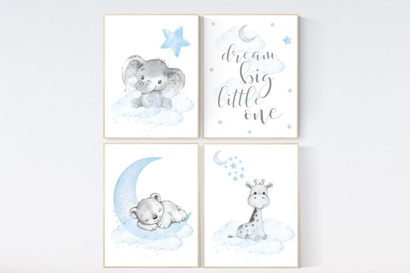 Nursery decor boy elephant, animal nursery, baby blue, bear nursery, giraffe baby room wall art, baby bear, elegant, moon and stars nursery