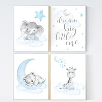 Nursery decor boy elephant, animal nursery, baby blue, bear nursery, giraffe baby room wall art, baby bear, elegant, moon and stars nursery