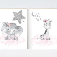 Animal nursery for girl, animal prints, pink silver, elephant, giraffe, nursery decor woodland animals, girl nursery ideas, set of 2 prints