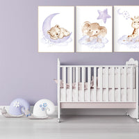 Purple nursery wall art, animal nursery, elephant, giraffe, bear, woodland animals, lilac nursery decor, lavender, girl nursery, moon stars